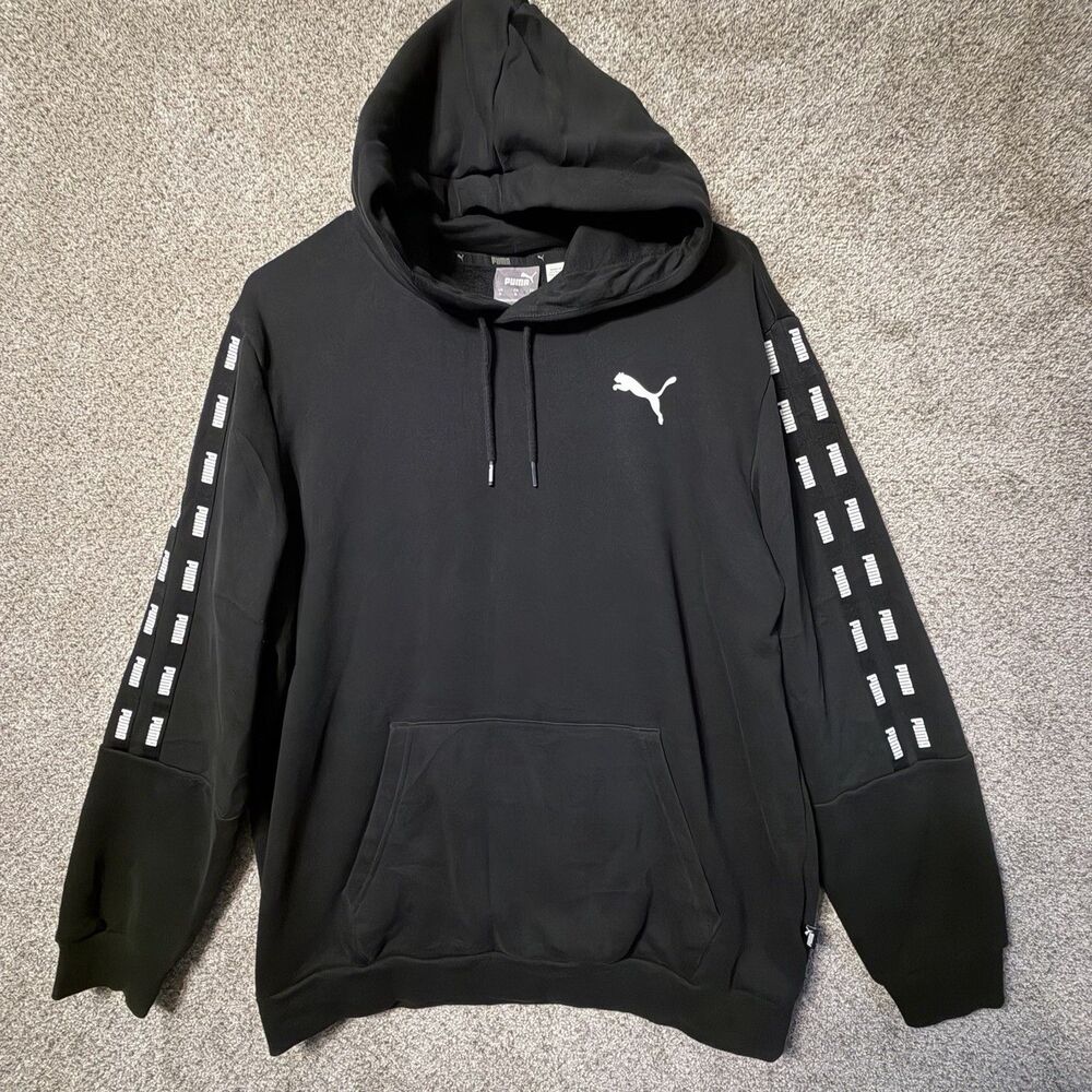 PUMA Mens Amplified Double Down Tape Hoodie Black Fleece Sweatshirt Size Medium